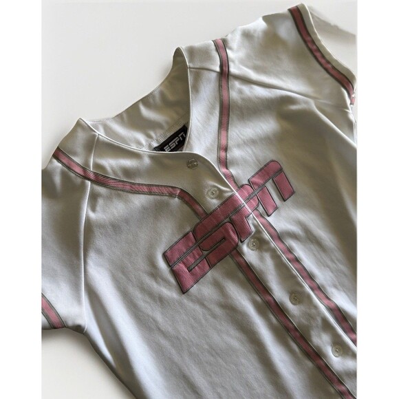 Vintage ESPN Jersey Button Up Shirt Pink and White Women’s Size Medium Rare Y2K - Picture 6 of 6